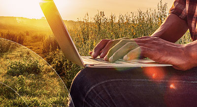 Man types on laptop in field