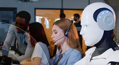 medium shot of ai robot next to other people in a call center