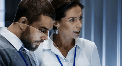 Two people in a server room