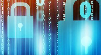 Two padlocks overlaying streaming binary numbers
