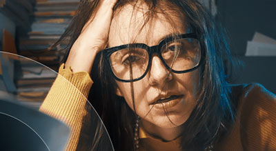 Exhausted woman is surrounded by piles of paper