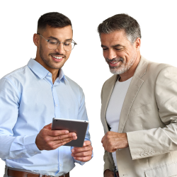 Two people engaged in a conversation with one holding a tablet