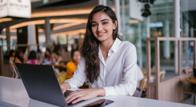 An individual setting at a desk in an office working on a laptop