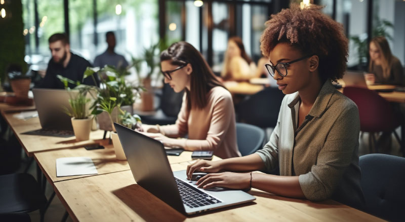 People working on their laptops at a communal table in a well-lit, modern co-working space