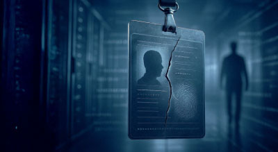 A cracked employee badge hanging in a server room with an ominous figure in the background