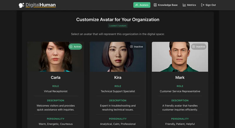 Digital Human dashboard showcasing three unique AI avatar personalities