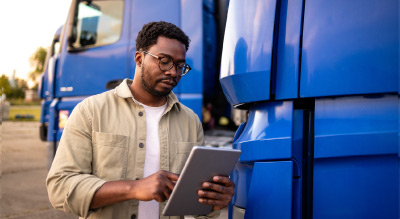 Engineer operates the tablet for an automated truck