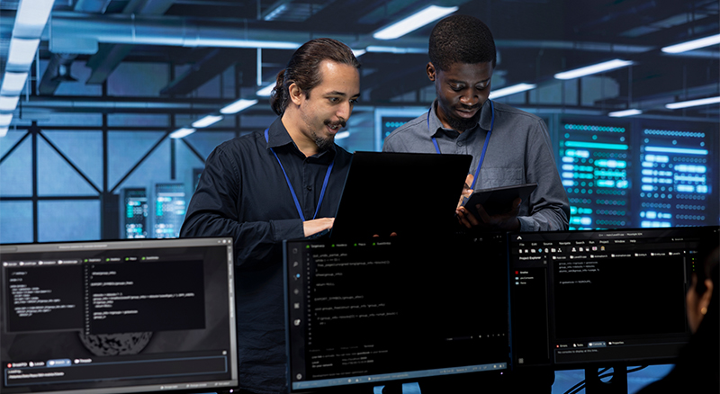 Two technology professionals in a server room analyzing data on a computer and tablet device