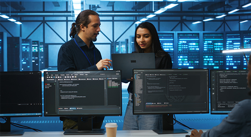 Two people intently observing computer screens, collaborating in a modern office environment