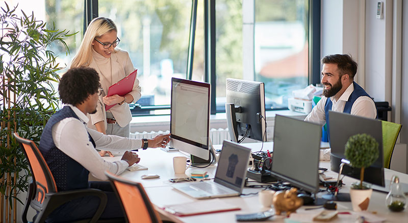 Four individuals in an office setting engage in work and discussion, surrounded by computers, office supplies, and natural light