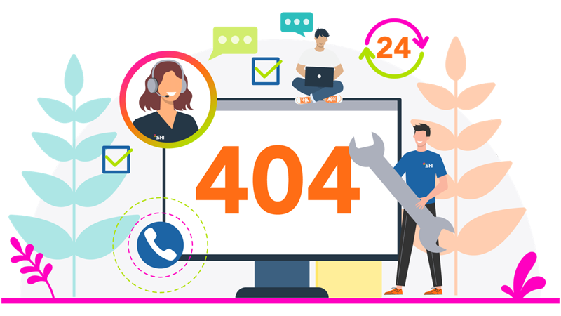 Illustration depicting technical support SHI employees surrounding a monitor displaying a 404 error