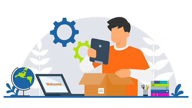 Illustration of a man a tablet and setting up a laptop