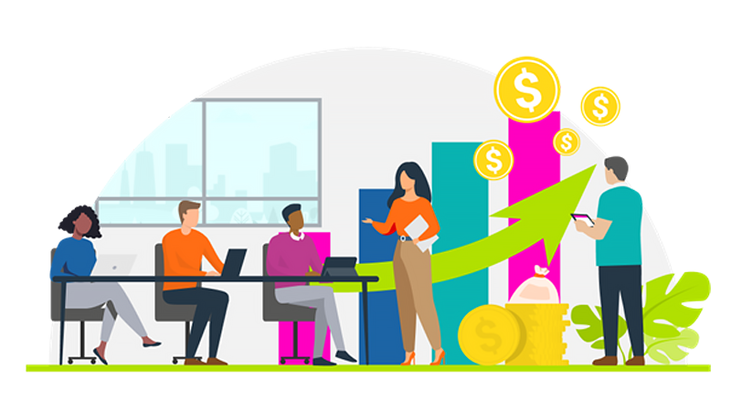 meeting of employees with a rising bar graph decorated with dollar signs