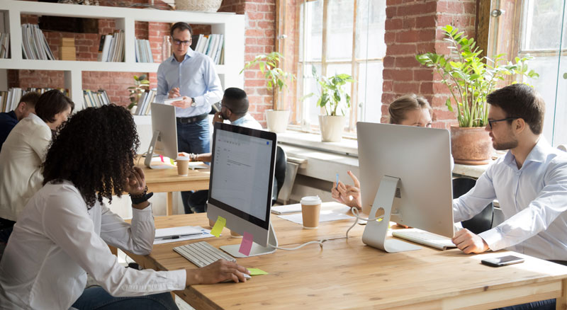 A group of professionals working together at a long wooden table with computers