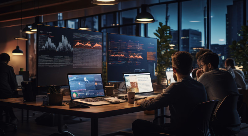 Two individuals are working late at a desk with multiple computer screens displaying data, in a modern office with a cityscape visible through the window