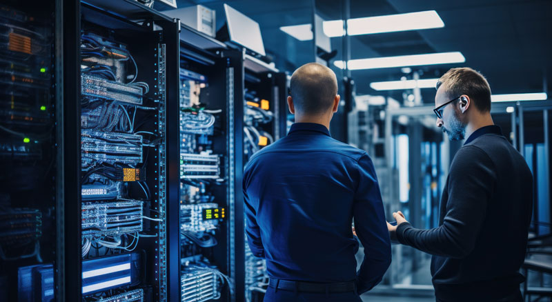 Two people inspecting a server rack in a data center