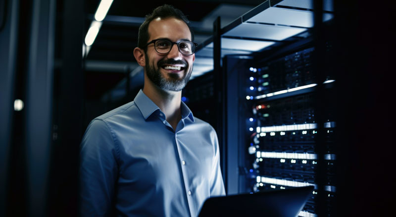 A person holding a laptop standing in front of server racks in a dimly lit data center