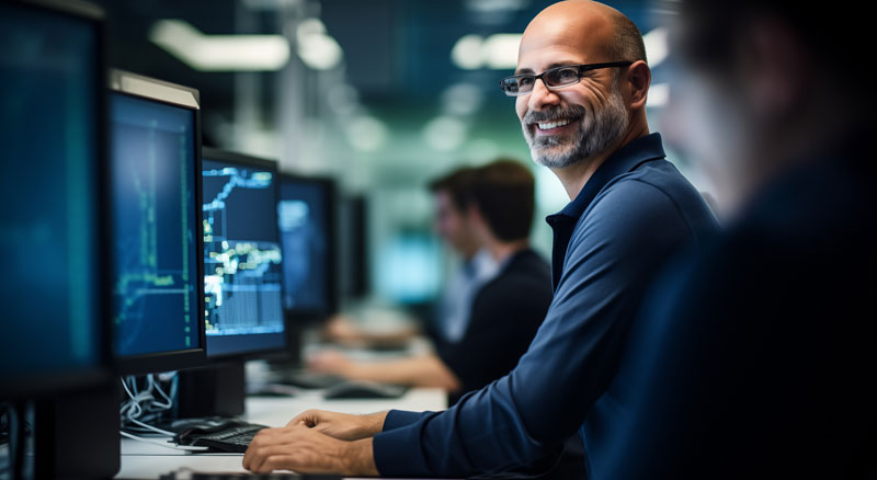 Individuals working on computers with multiple monitors displaying graphs and data