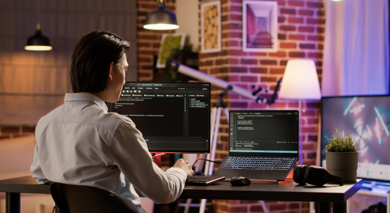 A person in a checkered shirt working on multiple computer screens displaying code and data visualizations