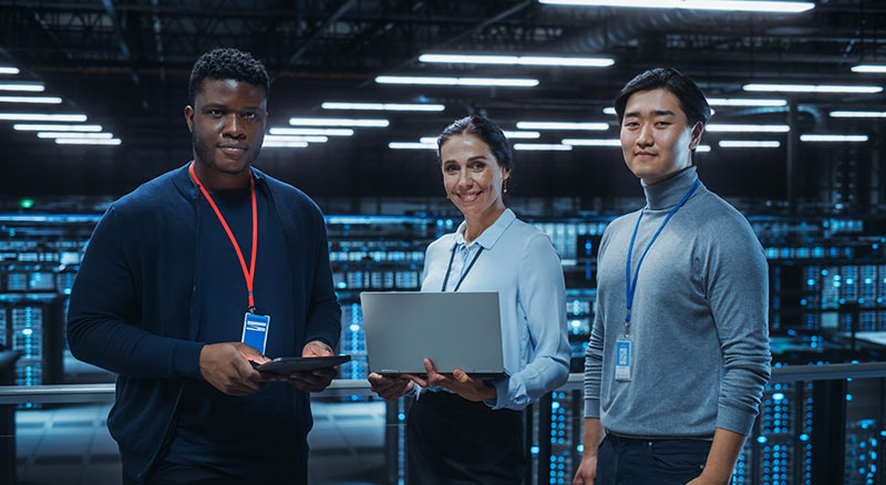 Three professionals examining a laptop and tablet device in a server room