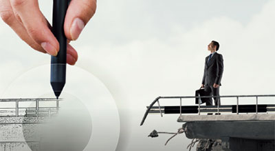 Business professional standing on a broken bridge while a hand holding a digital pen sketches the missing section, symbolizing planning and rebuilding.