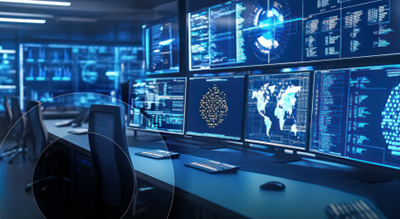 Wide shot of a an office with multiple computer screens cybersecurity