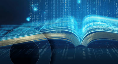 An open book with pages transforming into digital binary code