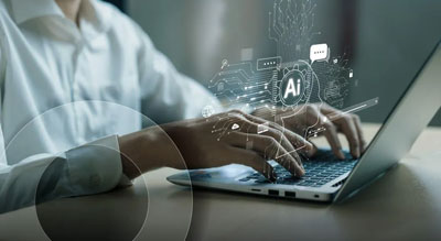 A close up of a person typing on a computer with AI microchip hologram in center