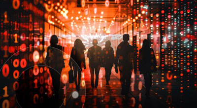Silhouettes of six people walking through a data center under an overlay of orange binary code
