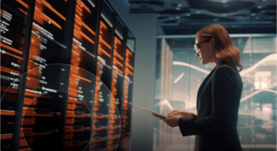 An individual standing in a modern, well-lit room, holding a tablet and observing multiple large screens displaying various types of data