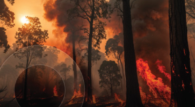 A forest is engulfed in flames and thick smoke, with the sun partially obscured by haze during a wildfire.