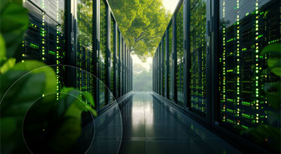 A data center with rows of server racks under a canopy of green trees