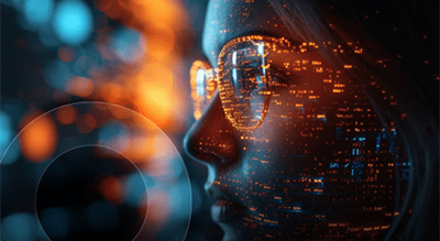 A digital composite image showing a side profile of a person's face overlaid with digital code, representing concepts of artificial intelligence
