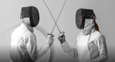 Two fencers touching swords looking at each other