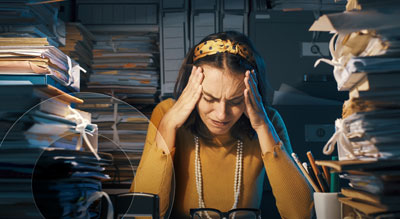 Frustrated employee rubbing their head while surrounded in an office surrounded by paperwork