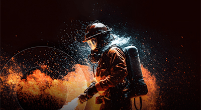 Firefighter in full gear extinguishing flames with water hose against dark background, highlighting the intensity of firefighting