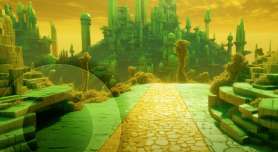A path leads through a surreal, green-hued landscape with towering, intricate structures against a yellow sky.
