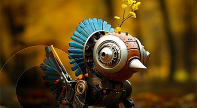 A whimsical robotic bird with a circular body, a single large eye, and feather-like blue and brown elements on its wings, standing in a forest with blurred autumn leaves in the background