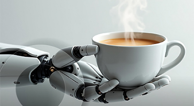 A robotic hand grasping a steaming cup of coffee, showcasing a blend of technology and everyday life