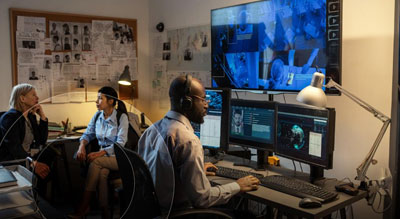 A group of professionals in a well-lit room, working on computers with multiple screens displaying graphical content, surrounded by notes and images on the walls