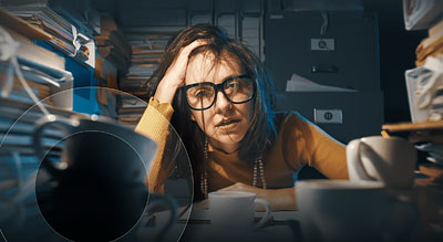 A person sitting at a cluttered desk with their head in their hands