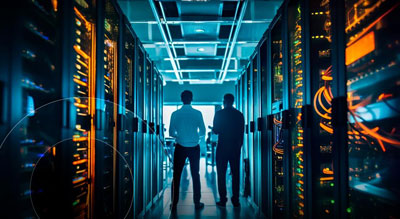 Two people in a data center with blue and orange server racks