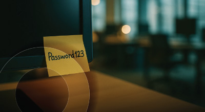 A yellow sticky note with Password123 written on it is attached to a computer monitor in a dimly lit office, conveying vulnerability and carelessness