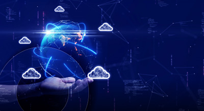 A composite image of a human hand holding holographic earth with cloud illustrations around it on a blue background thumbnail