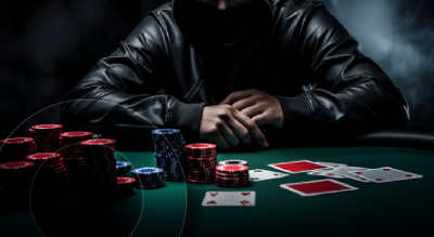 A person in a black leather jacket sitting at a green table, surrounded by stacks of chips and playing cards