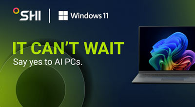 The words 'It Can't Wait, Say yes to AI PCs' on a green and blue backdrop