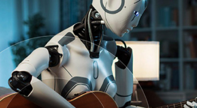 A robot playing guitar in a living room