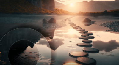 A serene image of a path made of stepping stones leading towards the horizon, with a beautiful sunset and calm waters reflecting the sky