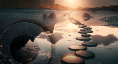 A serene landscape at sunset with a series of round stepping stones leading across a river