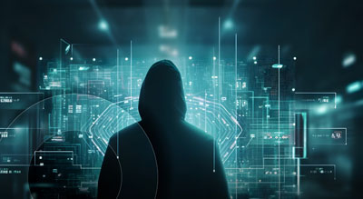 A person in silhouette against a futuristic digital interface